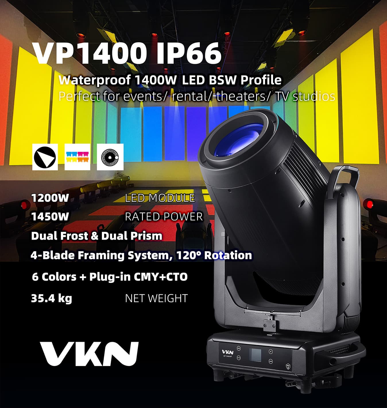 VP1400 IP66｜Testa mobile a LED ad alta potenza 4 in 1 con profilo 4 in 1
